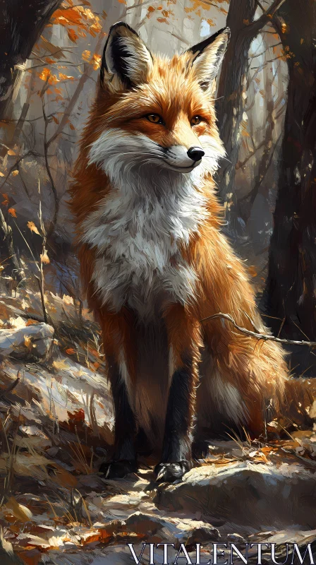 Fox in a Sunlit Woodland AI Image