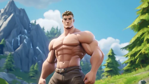 Cartoon Man with Muscles in Nature