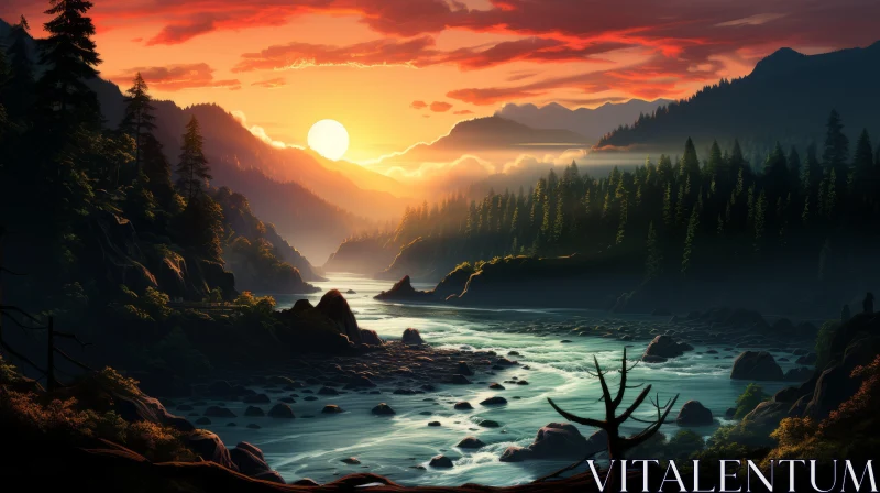 Captivating Sunset River HD Wallpaper | Hyper-Detailed Illustration AI Image