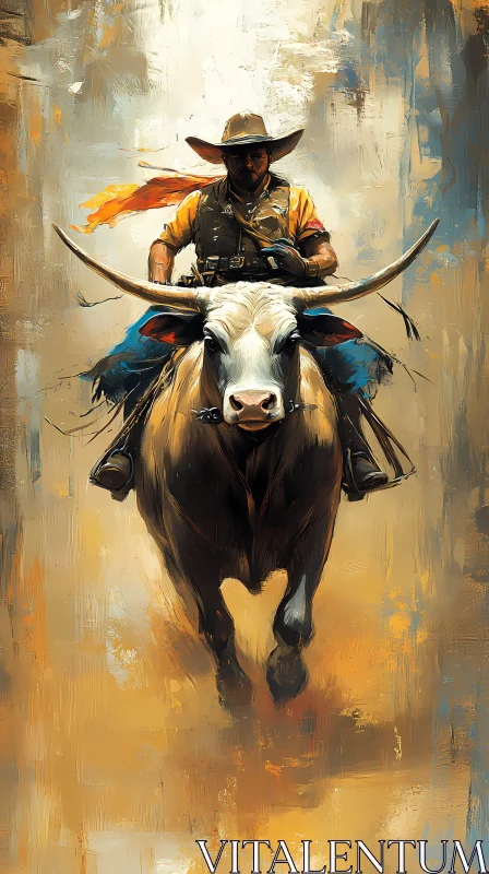 Western Cowboy Bull Ride Art AI Image