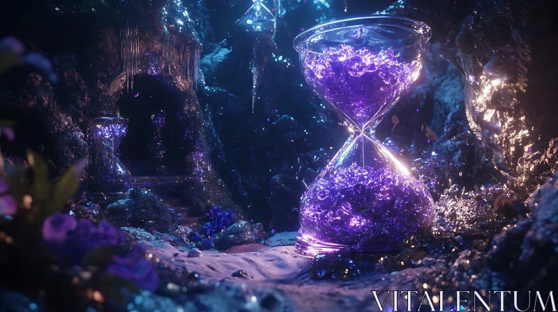 Crystalline Time: Hourglass in the Cavern AI Image