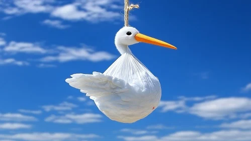 Hanging Stork Figure Against Blue Sky