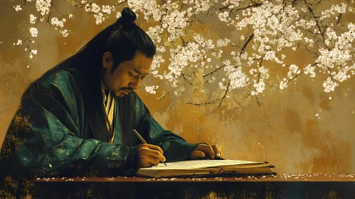 Traditional Man Writing with Flowers