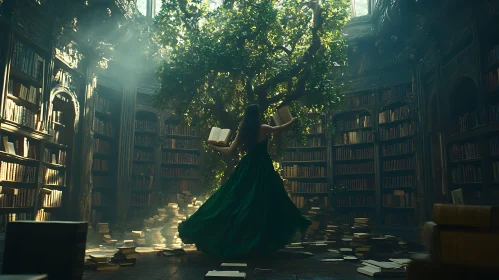 Woman in Green Dress in Antique Library