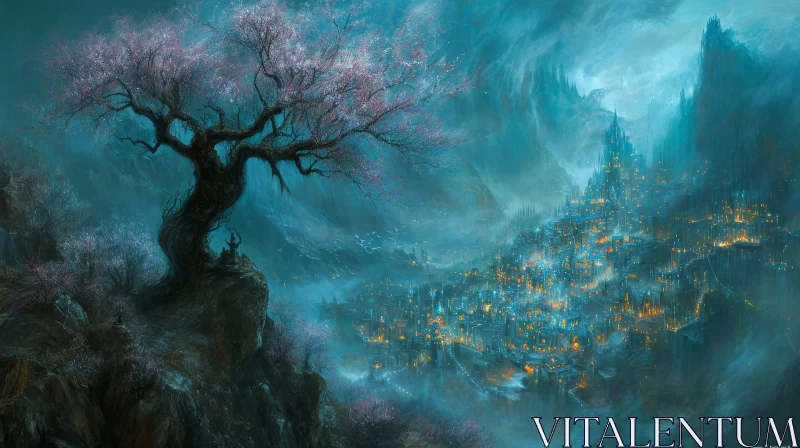 Enchanting Fantasy Landscape with Blossoming Tree and City AI Image