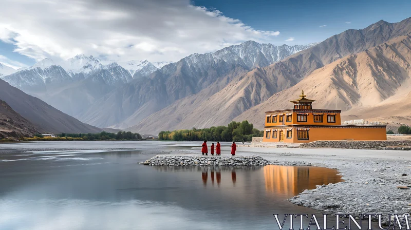 Riverside Monastery with Mountain Backdrop AI Image