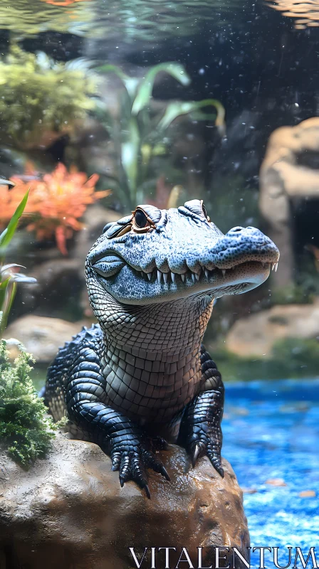 Crocodile on Rock in Blue Water AI Image