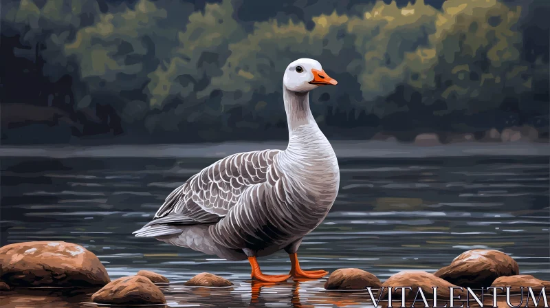 Goose on Rocks in Tranquil Setting AI Image