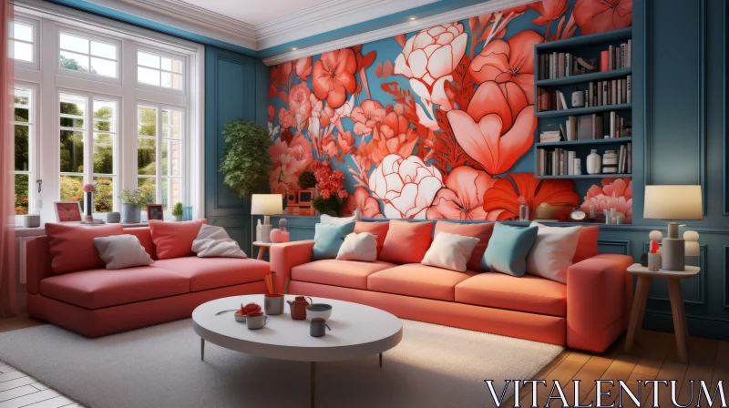Floral Themed Living Room with Vibrant Monochromatic Color Scheme AI Image