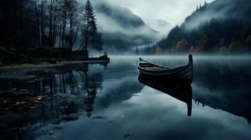Misty Gothic Landscape with Rowboat on Serene Lake