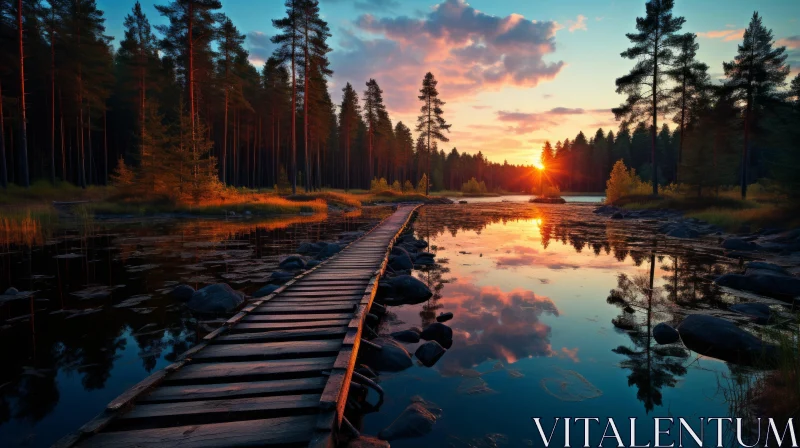 Scenic Forest Sunset: Wooden Boardwalk Over Lake AI Image