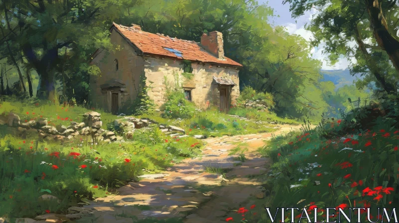 Serene Landscape Painting of Stone Cottage in Forest AI Image