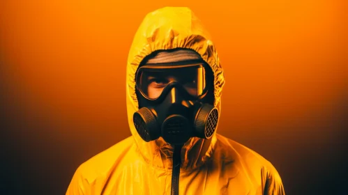 Unique Photograph: Man in Yellow Gas Mask on Orange Background