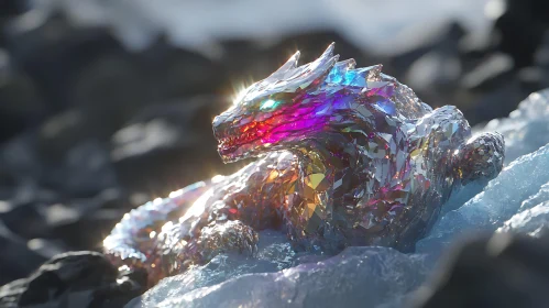 Prismatic Dragon Resting on Ice