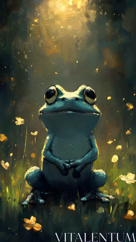 Magical Frog Amidst Floating Petals AI Image