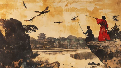 Serene Asian Landscape with Sword Figures