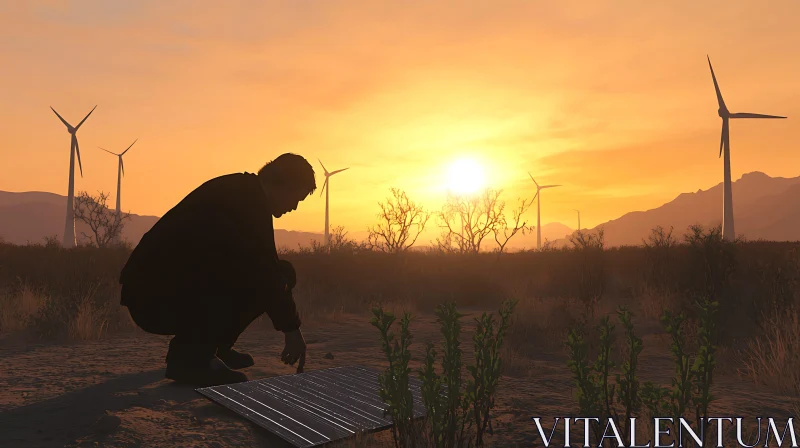 AI ART Man and Solar Panel at Dusk