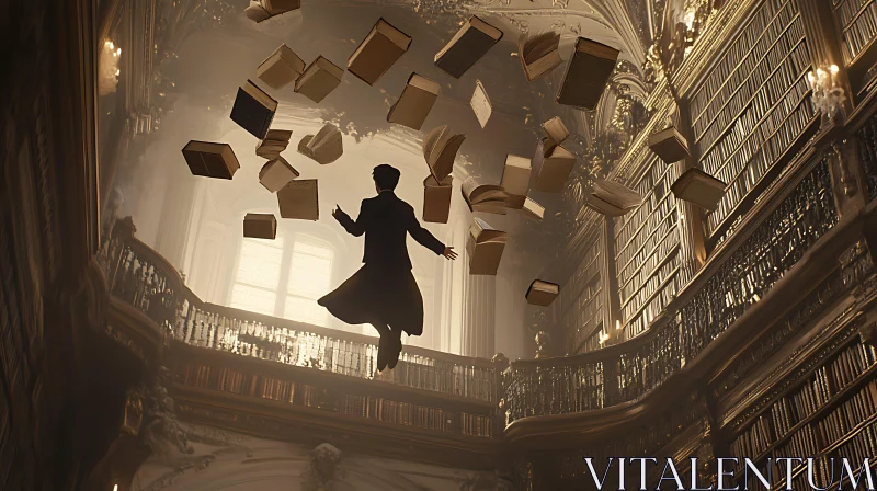 AI ART Silhouette in Library of Floating Books