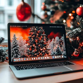 Holiday Decor with Christmas Tree and Laptop