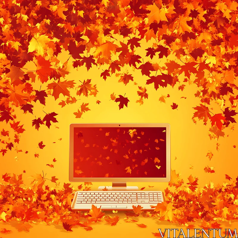 Digital Autumn: Computer with Falling Leaves AI Image