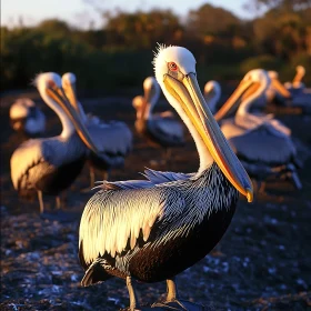 Pelicans Gathering at Dusk: A Coastal Scene