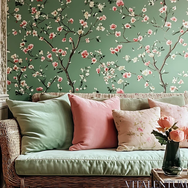 Elegant Living Room with Floral Wallpaper and Cozy Sofa AI Image