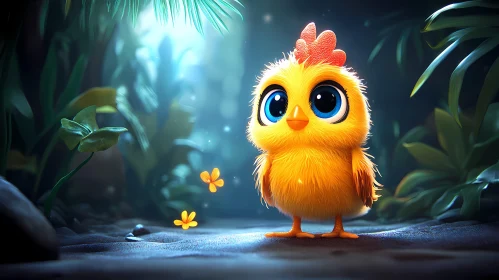 Cute Chick and Butterflies in Jungle