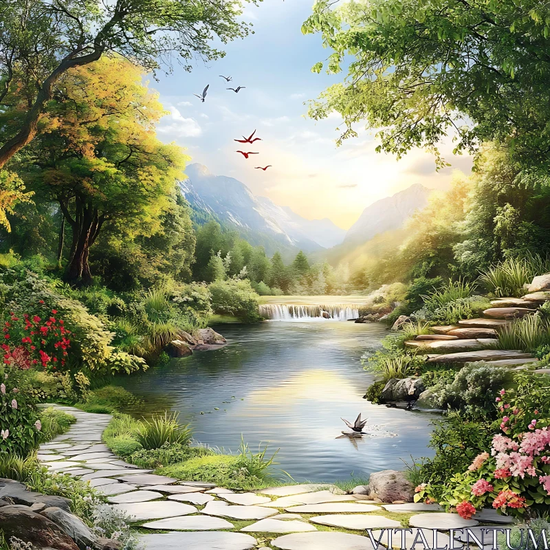 Tranquil Stream in a Verdant Setting with Mountain Backdrop AI Image