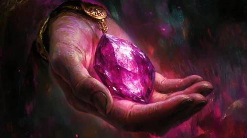 Pink Gem in Hand: Mystical Art Piece