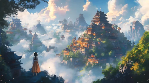 Asian City in the Clouds with Woman