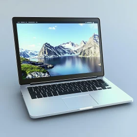 Sleek Laptop Displaying Mountain and Lake Scenery