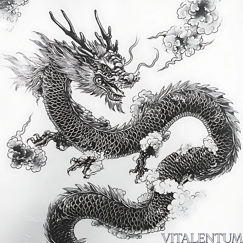 AI ART Monochrome Dragon Art with Swirling Clouds