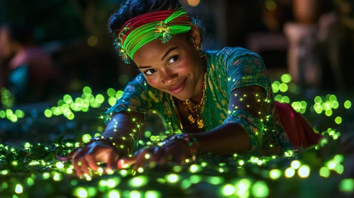 Radiant Woman Surrounded by Luminous Spheres