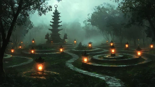 Lantern Lit Path Through Misty Forest