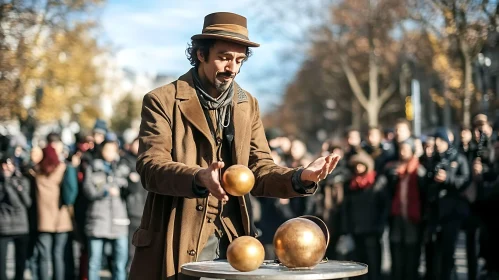 Street Artist Juggling Golden Spheres