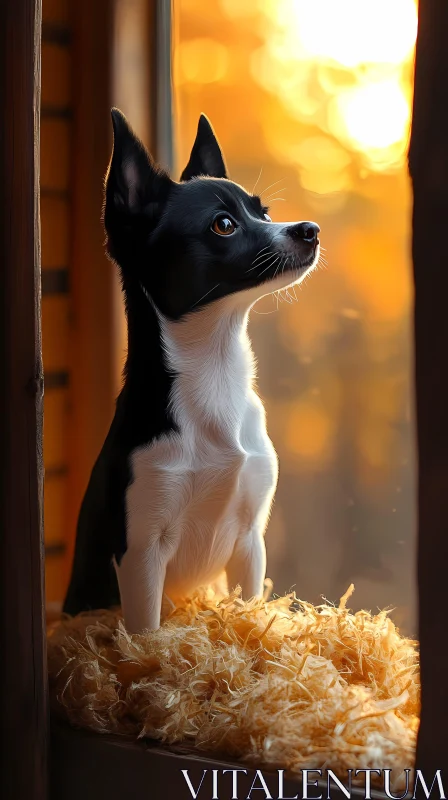 Dog at Sunset Window AI Image