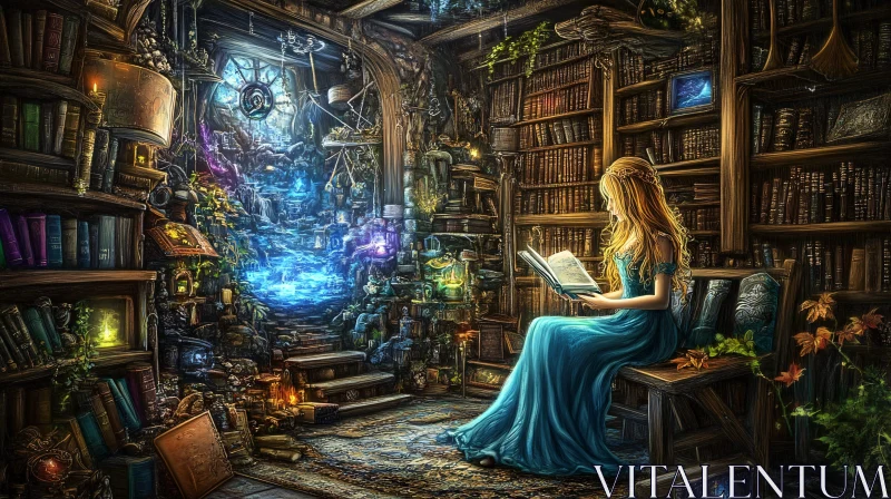 Magical Library: A Moment of Literary Bliss AI Image