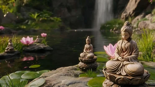 Zen Garden with Buddha Statues and Waterfalls