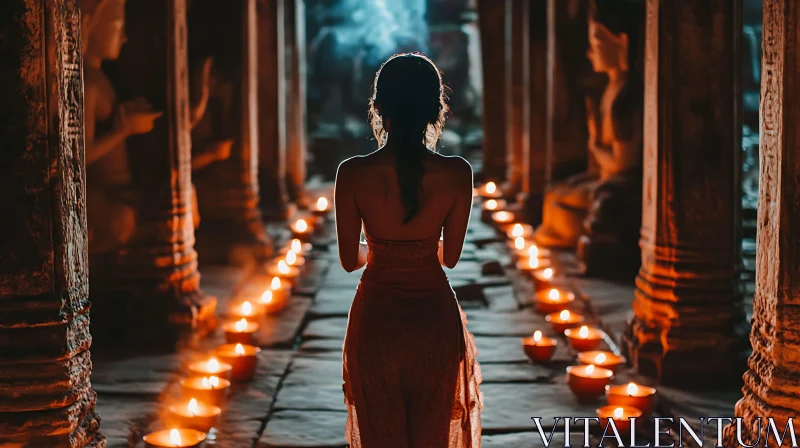 Candlelit Temple Passage with Woman Figure AI Image