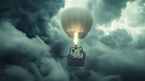 Couple in Air Balloon over Stormy Sky