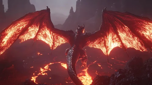 Dragon in Flight Over Lava Field