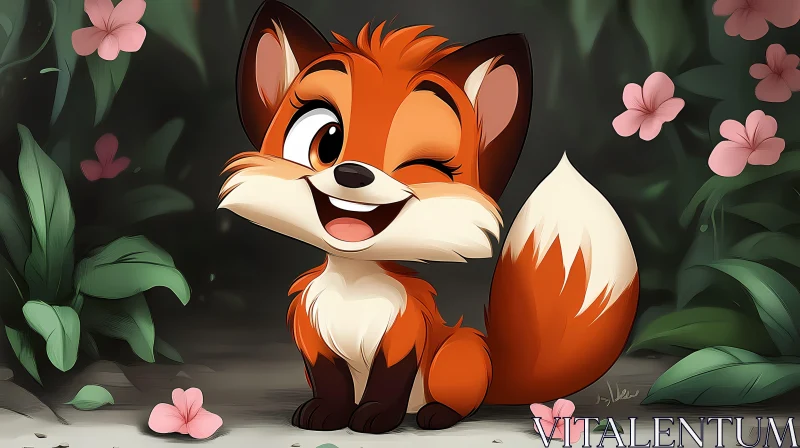 Playful Fox Illustration with Flowers AI Image