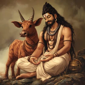 Serene Man Meditating with Cow