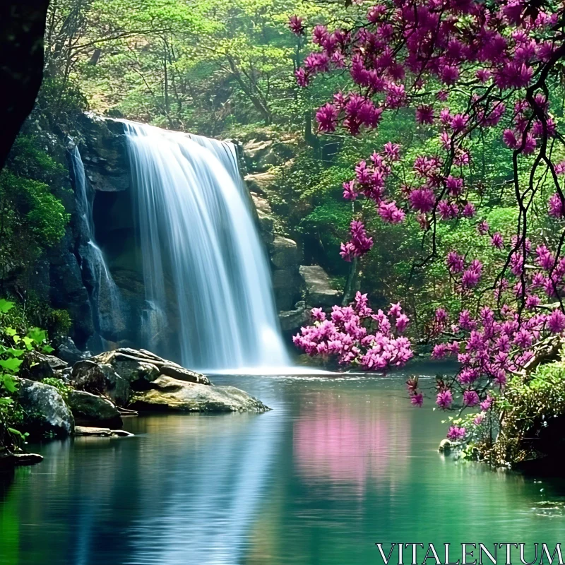 Waterfall with Pink Blossom in Lush Forest AI Image