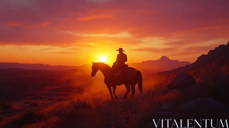 Equestrian Sunset: A Cowboy's Journey AI Image