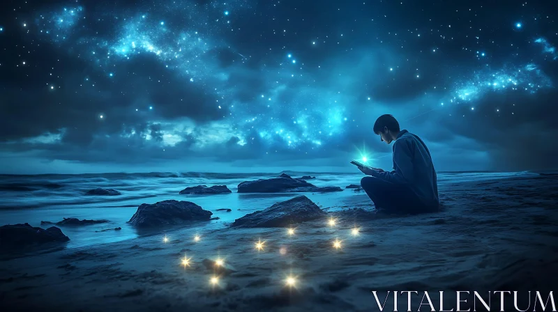 Night Reader on a Starry Beach AI Image