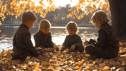 Kids Enjoying Autumn by the Lake