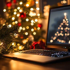 Festive Ambiance with Christmas Tree and Laptop
