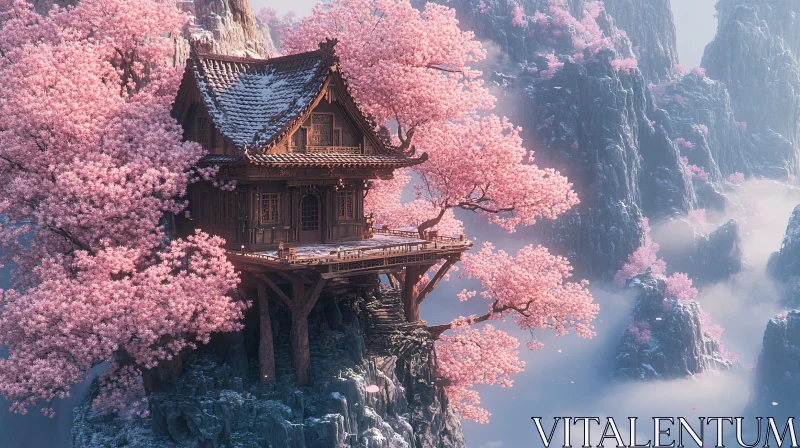 Asian House among Cherry Blossoms AI Image