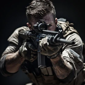 Focused Soldier with Rifle